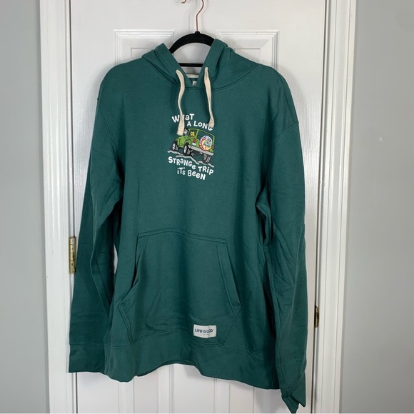 Life is Good Men's Large Hoodie Green Jeep Dog Pockets What A Long Strange Trip - Picture 1 of 4